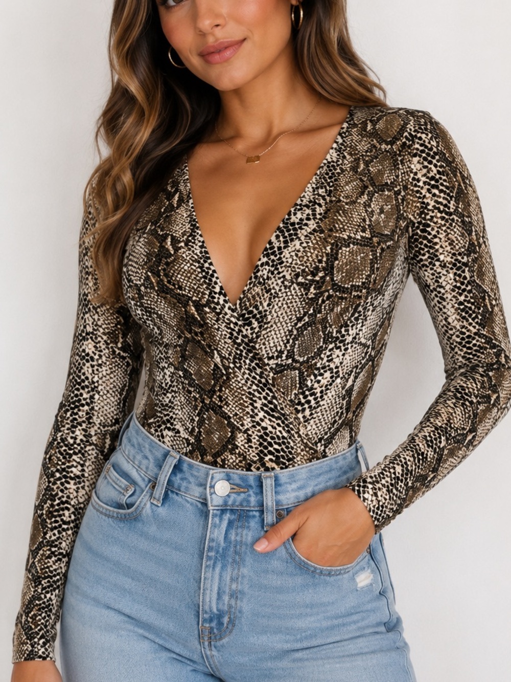 Windsor Snake Print Surplice Bodysuit Women's Size Small Long Sleeve Wrap Top